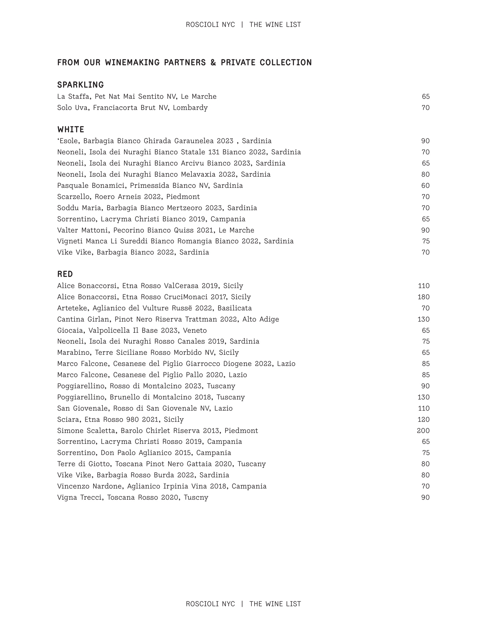 Roscioli NYC wine list
